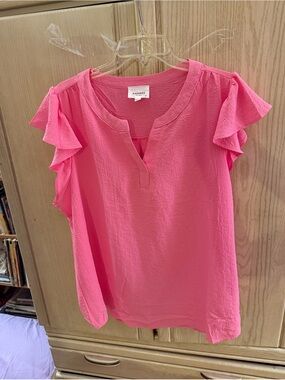 Andree Pink Ruffle Sleeve Split Neck Blouse. No stretch.